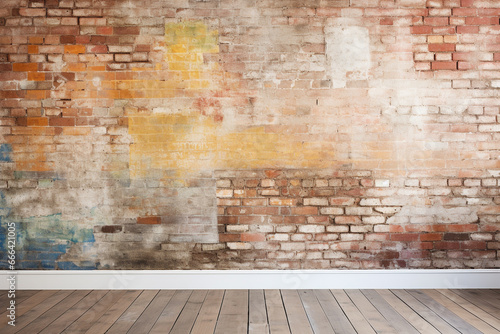 illustration of a room interior old brick wall and wooden floor. Created with Generative AI
