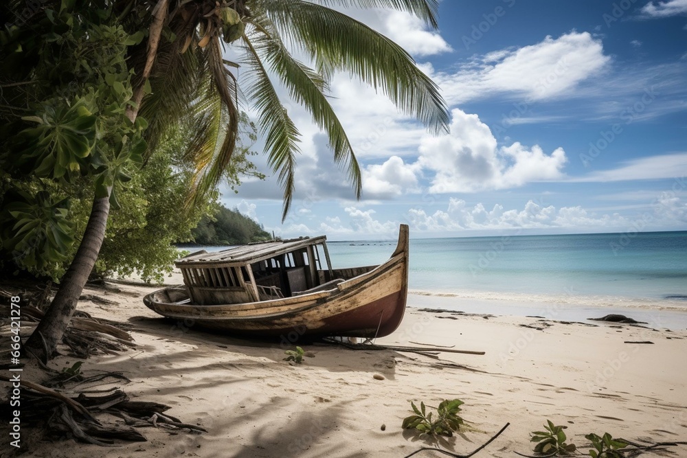Abandoned boat on sandy shore with palm tree and stunning ocean scenery. Generative AI