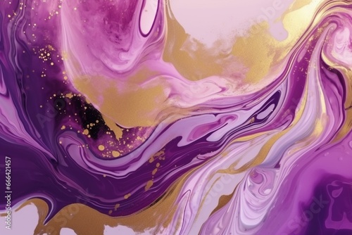 elegant marbling banner in violet and purple with paint texture and gold powder. Generative AI