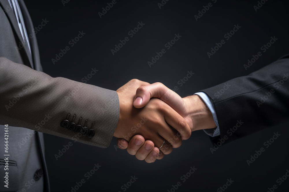 illustration of handshake between two businessmen on dark background. Created with Generative AI illustration of handshake between two businessmen on dark background. Created with Generative AI