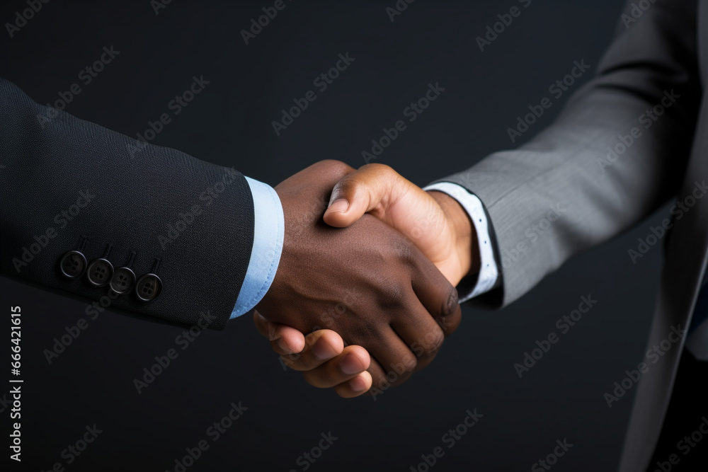 illustration of handshake between two businessmen on dark background. Created with Generative AI illustration of handshake between two businessmen on dark background. Created with Generative AI