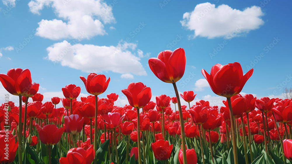 Obraz premium illustration of field of red tulips and sky. Created with Generative AI