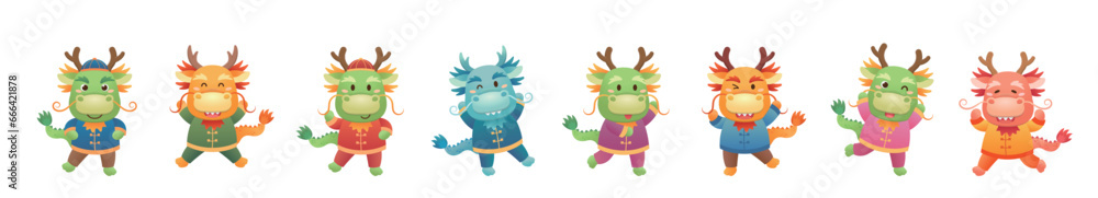 Cute Chinese dragon character or mascot with Chinese New Year, Year of the Dragon, cartoon playful and fun style, vector set Cute Chinese dragon character or mascot with Chinese New Year, Year of the Dragon, cartoon playful and fun style, vector set