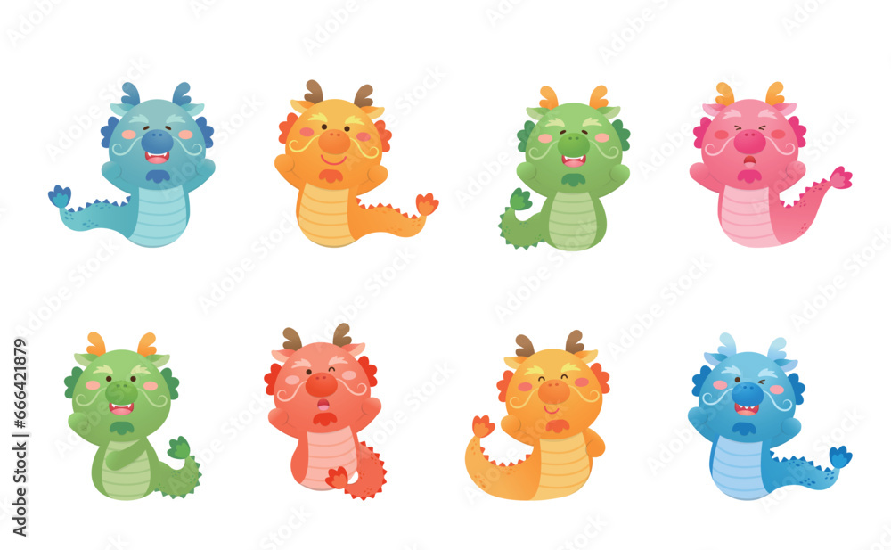 Obraz premium 8 cute Chinese dragon characters or mascots or cartoon characters, playful and cute, vector set