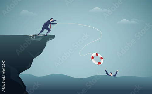 Businessman throwing lifebuoy to rescue companion.