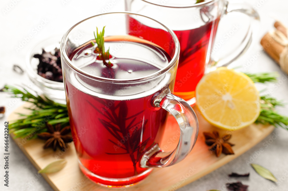 Herbal Tea, Red Tea in Glass Mugs, Autumn or Winter Drink Herbal Tea, Red Tea in Glass Mugs, Autumn or Winter Drink