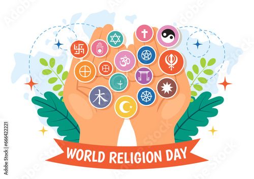 World Religion Day Vector Illustration on 17 January with Symbol Icons of Different Religions for Poster or Banner in Flat Cartoon Background
