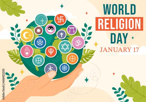 World Religion Day Vector Illustration on 17 January with Symbol Icons of Different Religions for Poster or Banner in Flat Cartoon Background