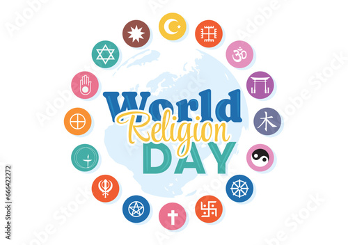 World Religion Day Vector Illustration on 17 January with Symbol Icons of Different Religions for Poster or Banner in Flat Cartoon Background
