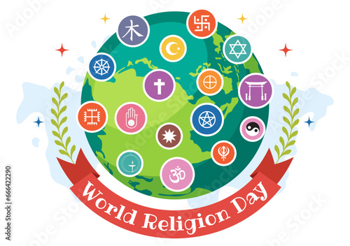 World Religion Day Vector Illustration on 17 January with Symbol Icons of Different Religions for Poster or Banner in Flat Cartoon Background