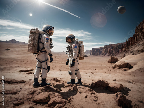 A group of astronauts walking on a planet