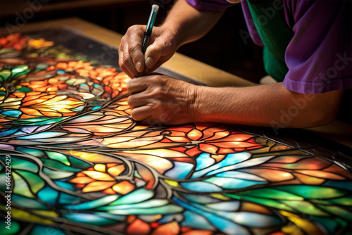 Various stages of working with stained glass. Master's hands make stained glass, stained glass making, Heritage Craft photo