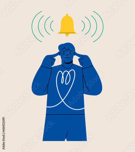 Unhappy man is plugging her ears with fingers avoid noisy bells ringing. Colorful vector illustration