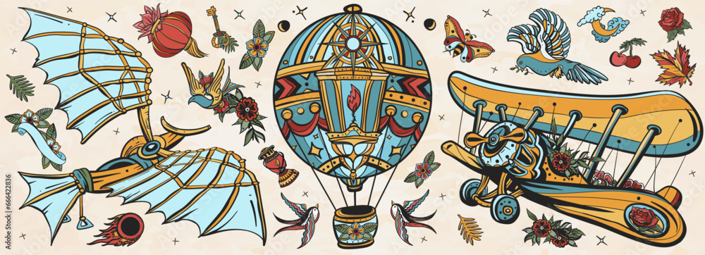 Medieval flying machines, air balloon, retro airplane. Old school tattoo vector collection. Leonardo Da Vinci style. Traditional tattooing set