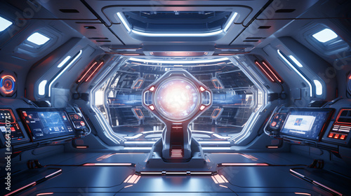 Interior of white spaceship with blue and red lights