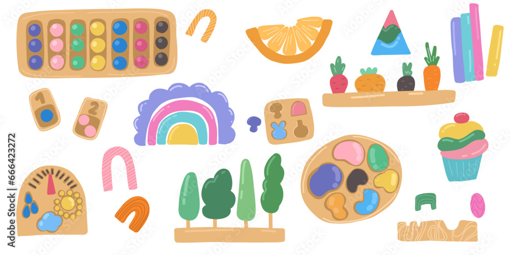 Handmade children's toys for Montessori games. Montessori system for early childhood development. Educational wooden toys Handmade children's toys for Montessori games. Montessori system for early childhood development. Educational wooden toys