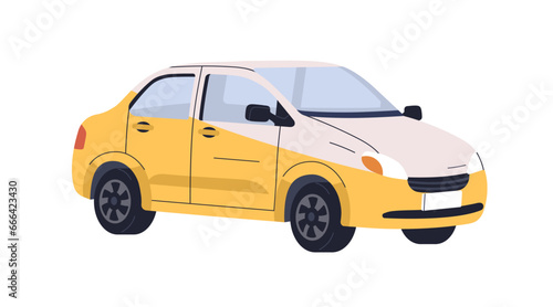 Passenger car. Delivery auto road transport. Commercial wheeled automobile for delivering. Yellow couriers vehicle, transportation. Flat vector illustration isolated on white background