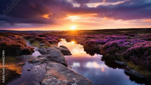 Blooming heather on a moor, a sea of purple under a dramatic sky.