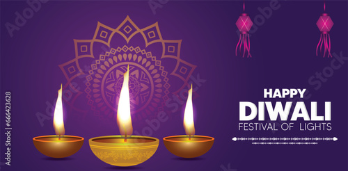 happy Diwali wishes Rangoli decoration with Diya vector illustration