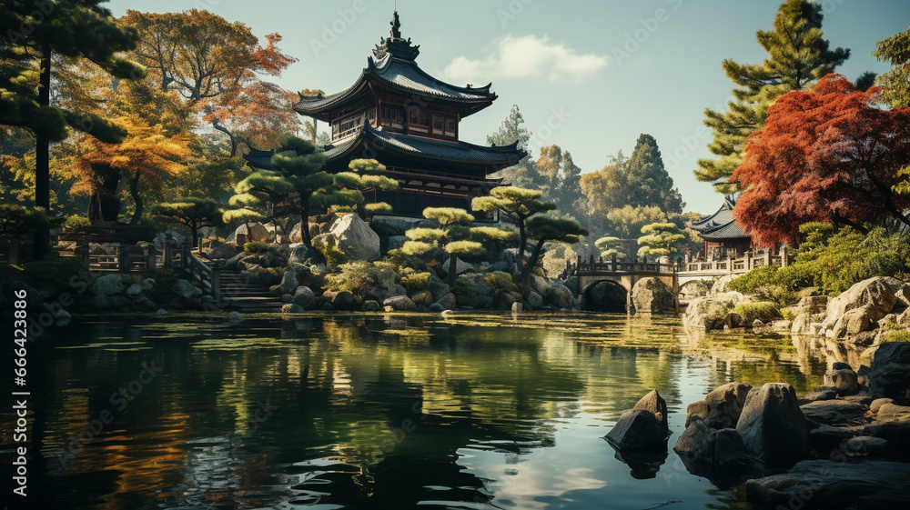 Japanese style castle and nature with beautiful trees, rivers, mountains. - obrazy, fototapety, plakaty 