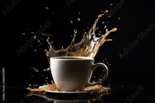 coffee splashing from cup on black background. Generative AI