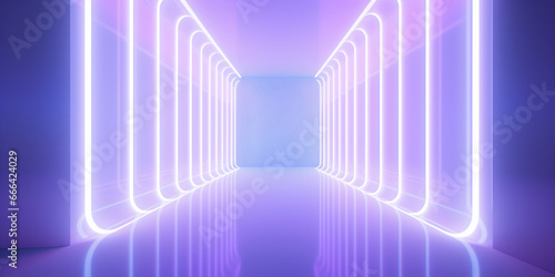 Neon glowing stage, empty room, futuristic metaverse world: neon lights, spotlights, abstract background - dance floor for product display in studio, backdrop for photo shooting. Generative AI.