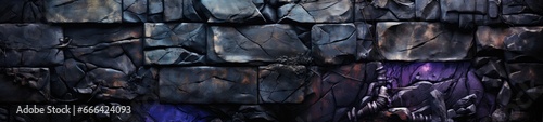 The stone wall's surface showcases a textured black rock, where regal purple veins and nuggets introduce a sense of opulence and majesty to the rustic backdrop.
