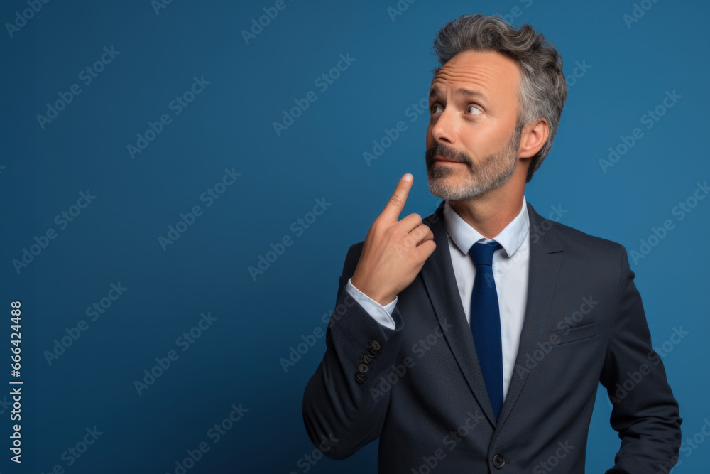 Business woman acting doubt or wonder on blue background. Business woman acting doubt or wonder on blue background.