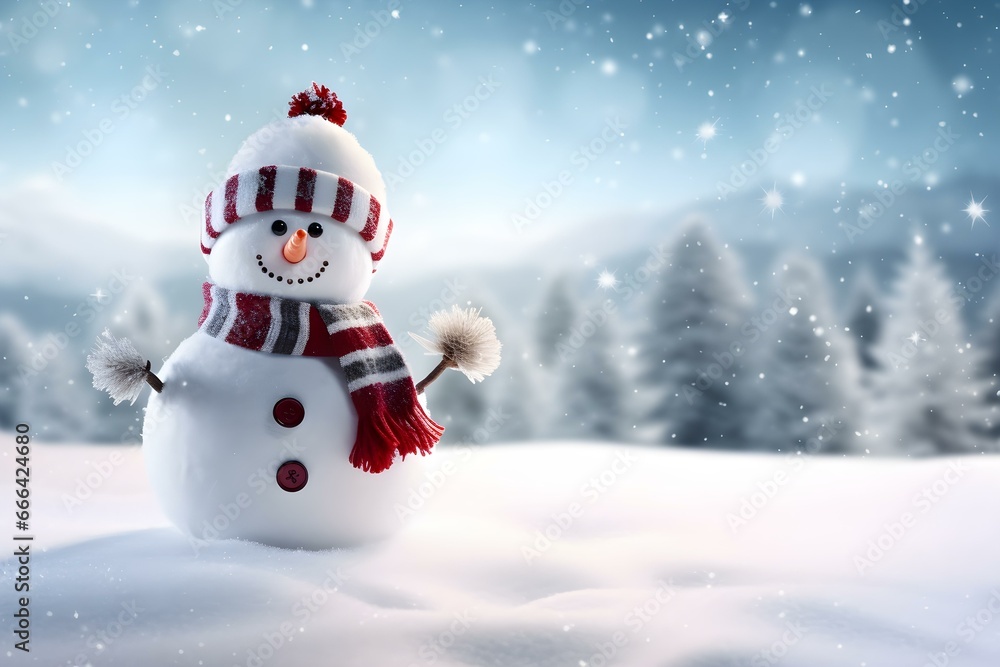 Panoramic View of Happy Snowman in Winter Secenery With Copy Space