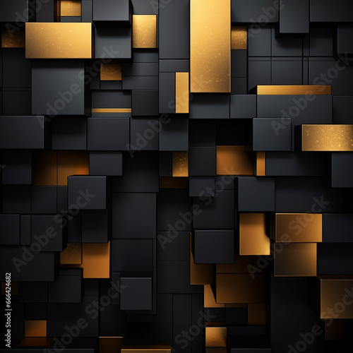 Luxury hexagonal abstract black metal background with golden light lines. Dark 3d geometric texture illustration.