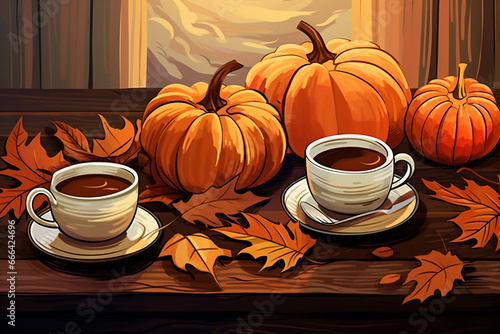 Autumn october pumpkins fall hot seasonal cup orange wooden coffee drink background