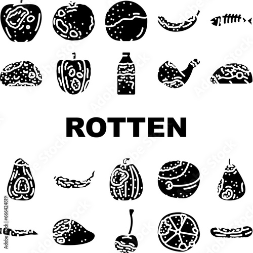 rotten food waste icons set vector. rubbish bad, trash, garbage fruit, vegetable bin, dirty kitchen, junk, reduce rotten food waste glyph pictogram Illustrations