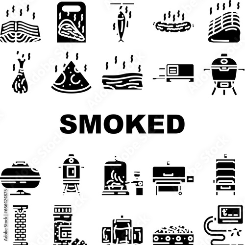 smoked meat bbq icons set vector. grill beef, barbeque cooking, food brisket, pork steak, charcoal board, fire, smoker smoked meat bbq glyph pictogram Illustrations