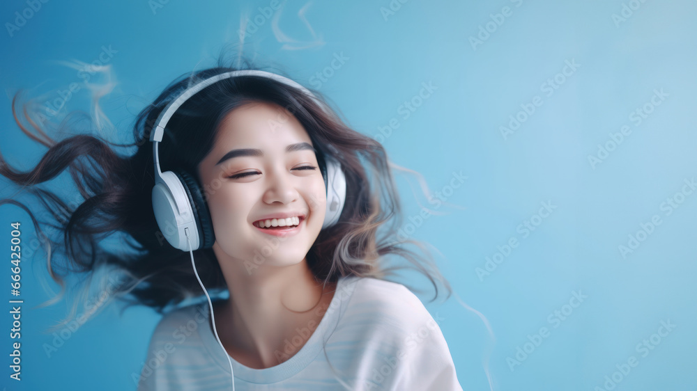 Young woman using smart phone to listening music with headphones.