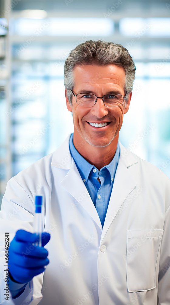 Laboratory worker or analyst in a lab coat, holding a glass test tube with liquid. Concept of medical research and science. Shallow field of view. Laboratory worker or analyst in a lab coat, holding a glass test tube with liquid. Concept of medical research and science. Shallow field of view.