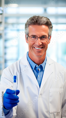 Laboratory worker or analyst in a lab coat, holding a glass test tube with liquid. Concept of medical research and science. Shallow field of view. 