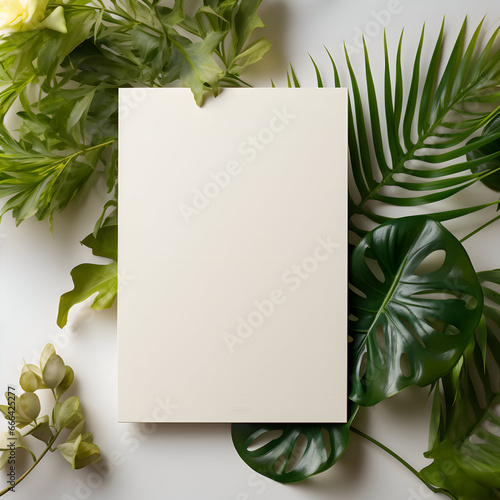 Greeting or invitation card mockup and tropical palm leaves. Blank card with copy space. Top view flatlay