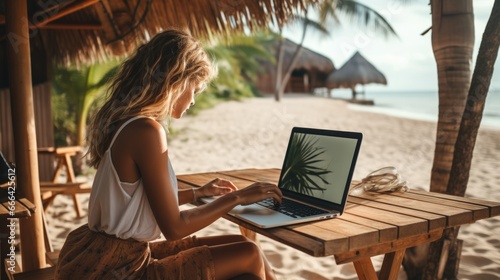 Young woman using laptop to work at beach. Nomad visa concept.