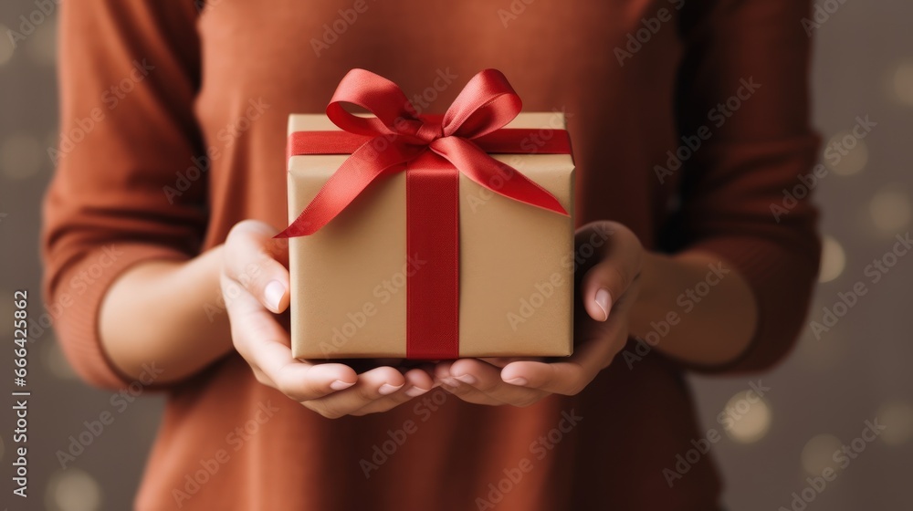 Closed up of woman hand hold a gift in Holiday festive season.