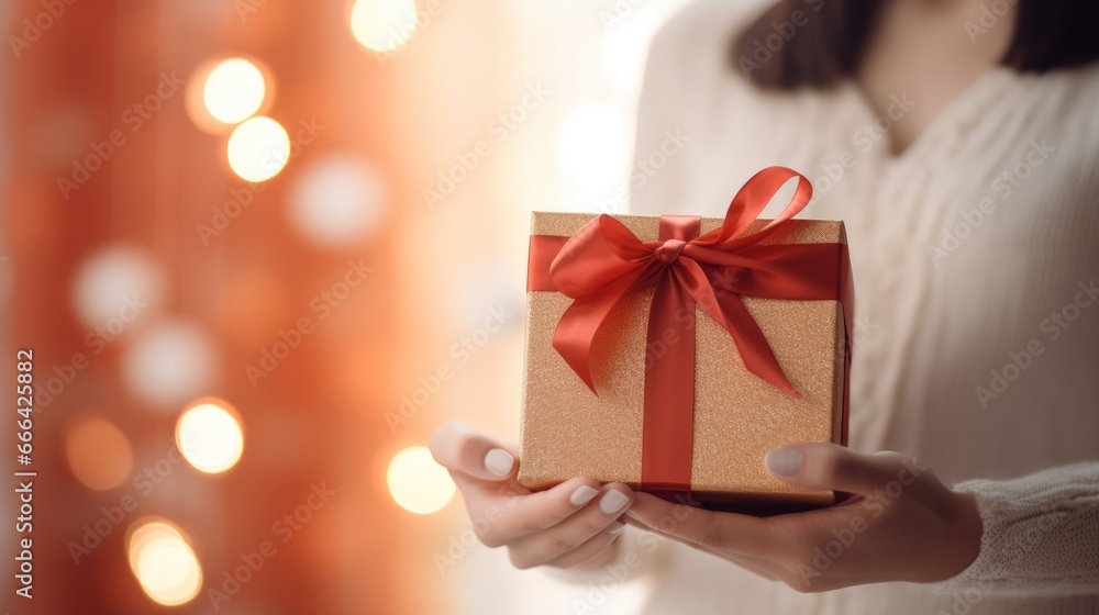 Closed up of woman hand hold a gift in Holiday festive season.