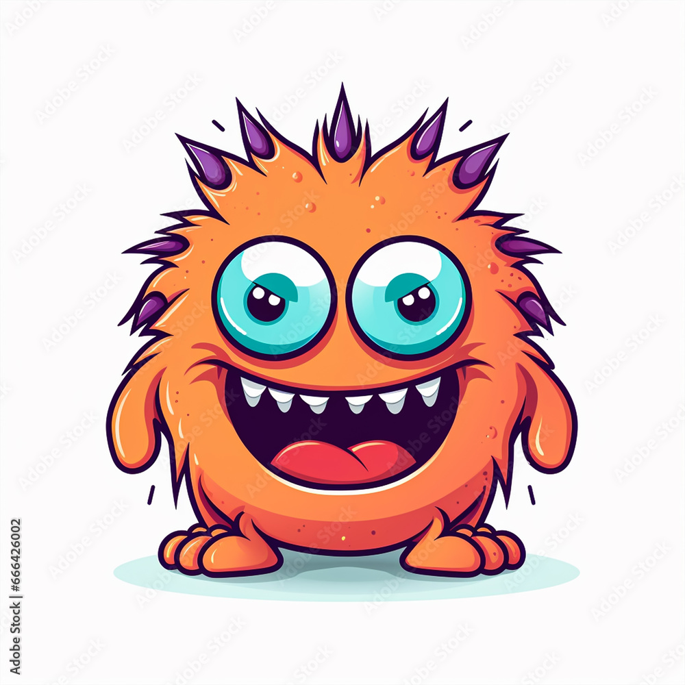 2d cute cartoon fiend type monster, 2d cartoon with sharp outlines on White Background