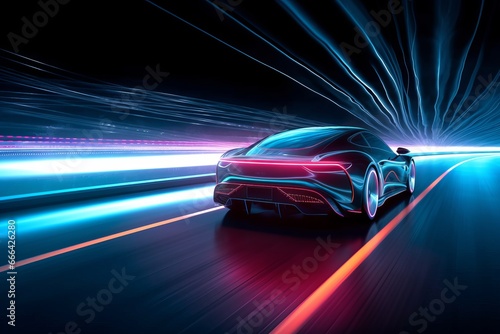 Electric Car on Motion on Neon Highway, Futuristic Electric Car © MADNI