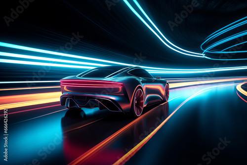 Electric Car on Motion on Neon Highway, Futuristic Electric Car © MADNI