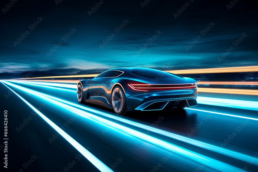 Electric Car on Motion on Neon Highway, Futuristic Electric Car