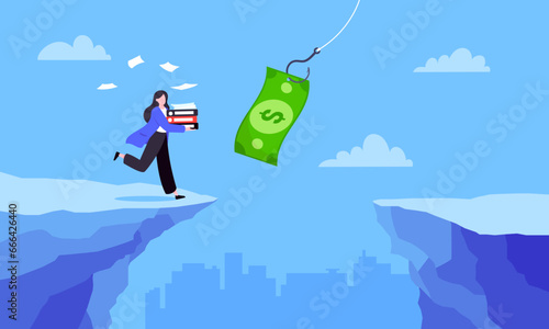 Fishing money chase business concept with businesswoman running after dangling dollar jumps over the cliff. Working hard and always busy in the loop routine flat style design vector illustration.