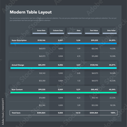 Modern table layout template with a total sum row - dark version. Simple flat template for data visualization.