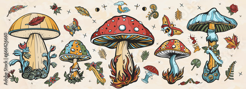 Mushrooms. Old school tattoo vector collection. Autumn forest, fly agaric, mushroom grebes, boletus. Traditional tattooing style