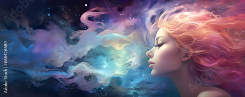 Lady with the stars surrounding, swirling colors, nebula cosmos
