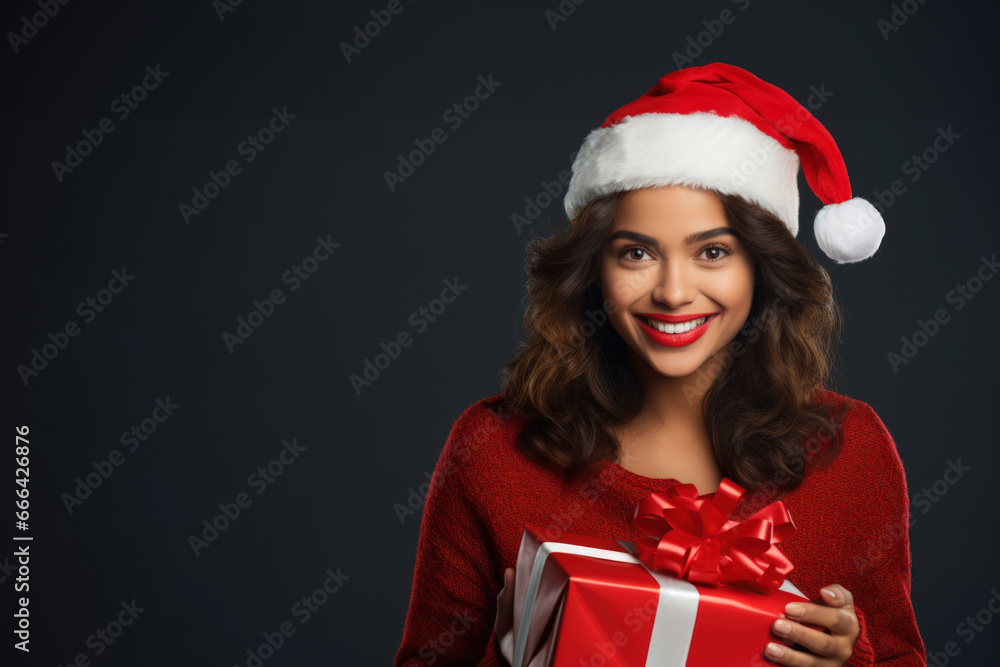 A protrait of Happy woman wearing santa hat hold a gift in studio. A protrait of Happy woman wearing santa hat hold a gift in studio.