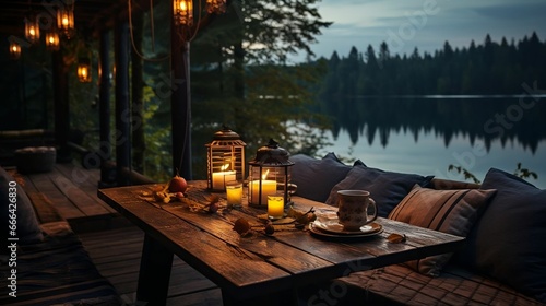 A candlelit table overlooking a tranquil, moonlit lake 